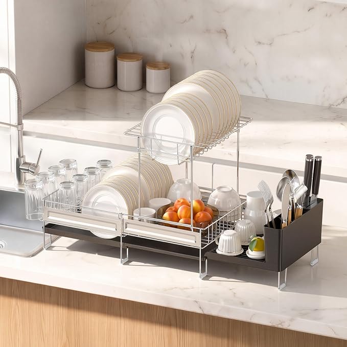 Delamu 2 Tier Dish Drying Rack, Large Dish Racks for Kitchen Counter, Stainless Steel Multifunctional Dish Drainer with Cutlery & Cup Holders, Extendable from 13.4 to 28.7 in, Black - Image 4
