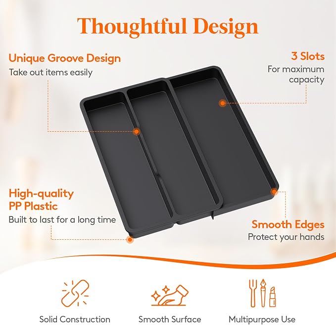 Lifewit Utensil Organizer for Kitchen Drawer, Expandable Cooking Silverware Tray, Adjustable Cutlery Flatware Holder, Plastic Spatula Tools Storage Divider, 14.4 x 15.8", Black - Image 7