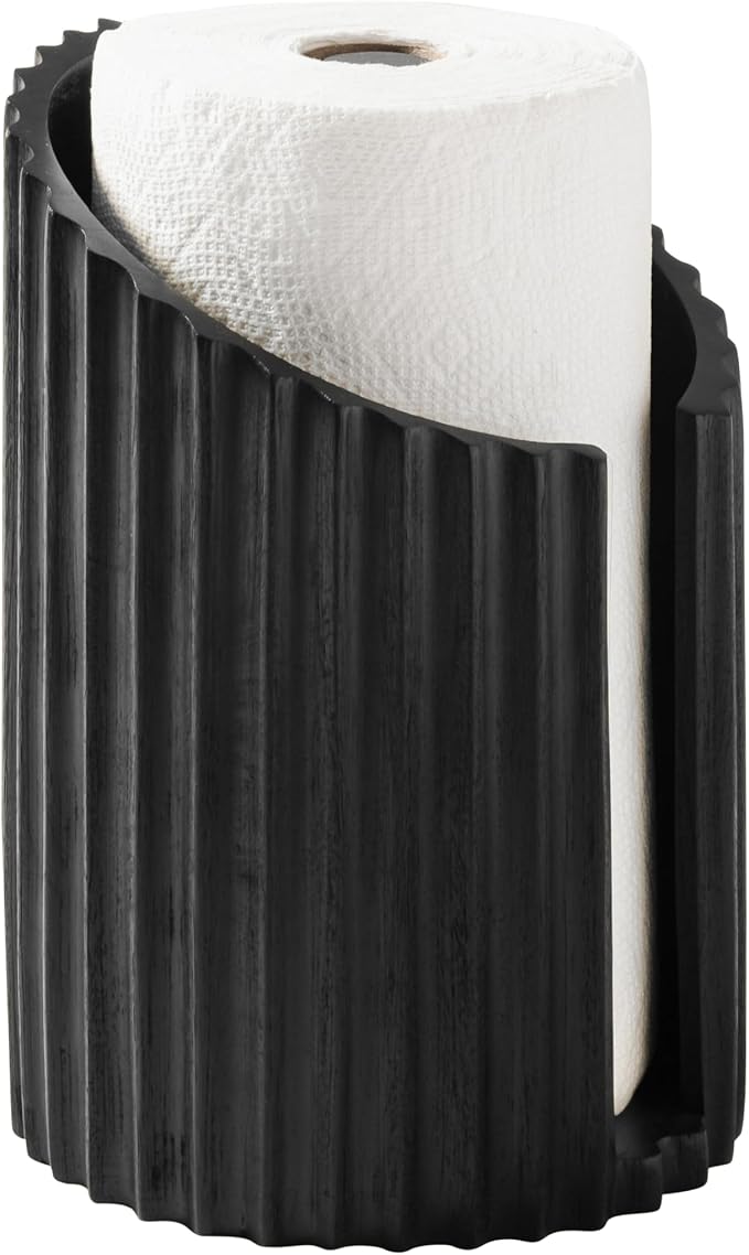 Anji Mountain Wooden Paper Towel Holder with Metal Holder, Holder Stand for Kitchen Roll Organizer & Kitchen Dining Table Home Décor, Countertop Fits Jumbo & Mega Rolls - Black/Black, Fluted - Image 2