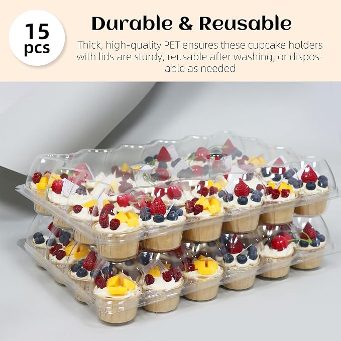 WIKDAY Plastic Cupcake Containers, 24 Count x 15 Sets | Clear Cupcake Holder with Lids, Disposable Cupcake Carrier for Bakery, Storage Box for Parties, Bake Sale Packaging - Image 3