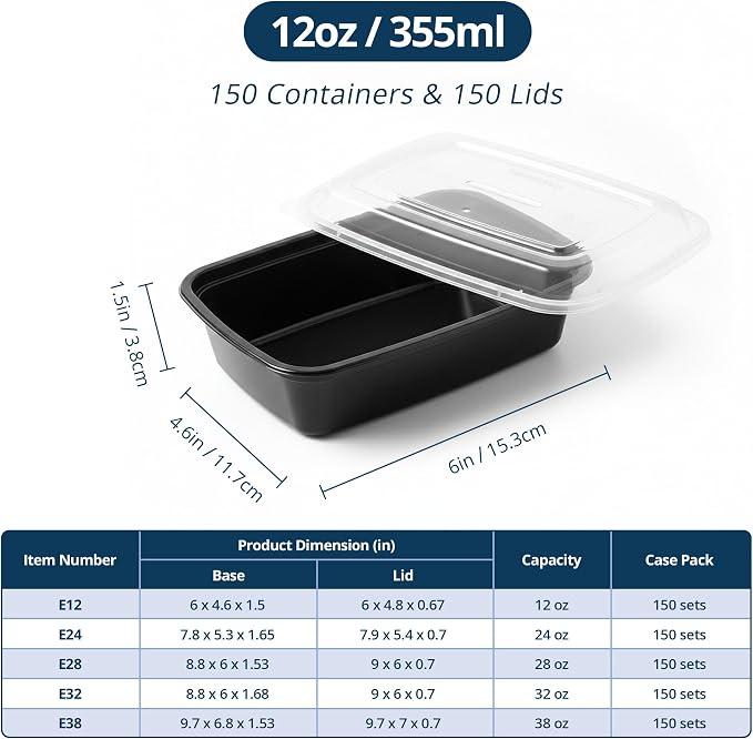 Tiya Meal Prep Containers with Lids - 150 Pack 12 oz BPA-Free Plastic Food Storage Containers Leak-Proof, Microwave, Dishwasher & Freezer Safe Reusable To-Go Boxes for Portion Control & Catering - Image 2