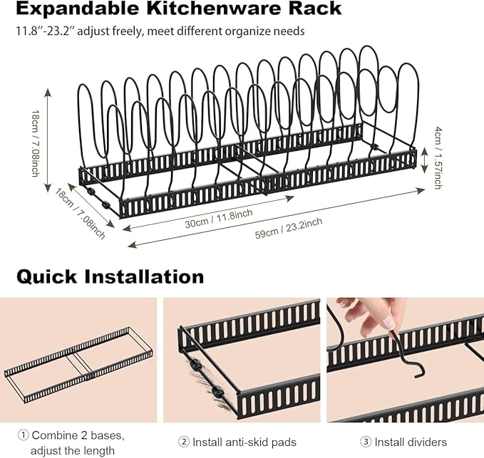Housolution 2 Pack Pot and Pan Lid Organizer Holder Storage Rack, Black | 12"-23" Expandable, 14 Adjustable Dividers, Sturdy Metal Construction, Easy Assembly - Image 5