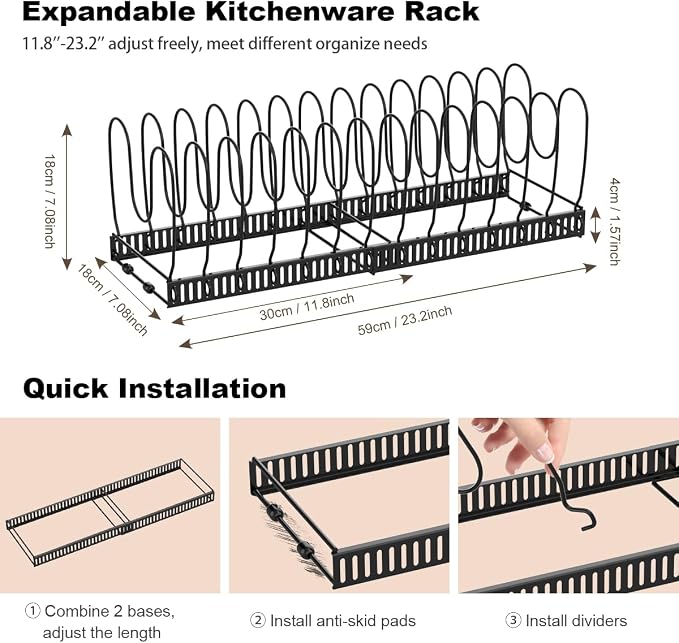 Housolution 2 Pack Pot and Pan Lid Organizer Holder Storage Rack, Black | 12"-23" Expandable, 14 Adjustable Dividers, Sturdy Metal Construction, Easy Assembly - Image 5