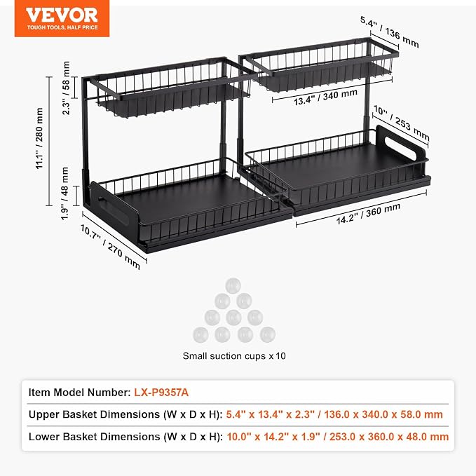VEVOR Pull Out Cabinet Organizer, 2 Tier Under Sink Organizer and Storage(10.7"W x 14.2"D ), Slide Out Drawer Cabinet Organizer, Wire Basket Sliding Shelf for Kitchen Bathroom Cabinet, Black (2 Pack) - Image 7