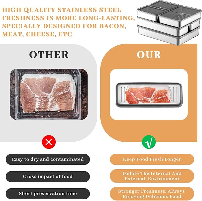 Hushee 6 Pack Bacon Cheese Container for Refrigerator, 304 Stainless Steel Airtight Deli Meat Container, Dishwasher Safe Fridge Storage Fruit Lunch Storage with Lids for Fridge, 4 Sizes - Image 5