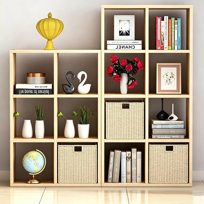 Wicker Storage Basket, Set of 2 Hand-Woven Storage Baskets for Shelves with Handles, Foldable Cube Storage Baskets Bins Organizer, 9 inch Wicker Baskets for Pantry Bedroom Decor, Beige - Image 4