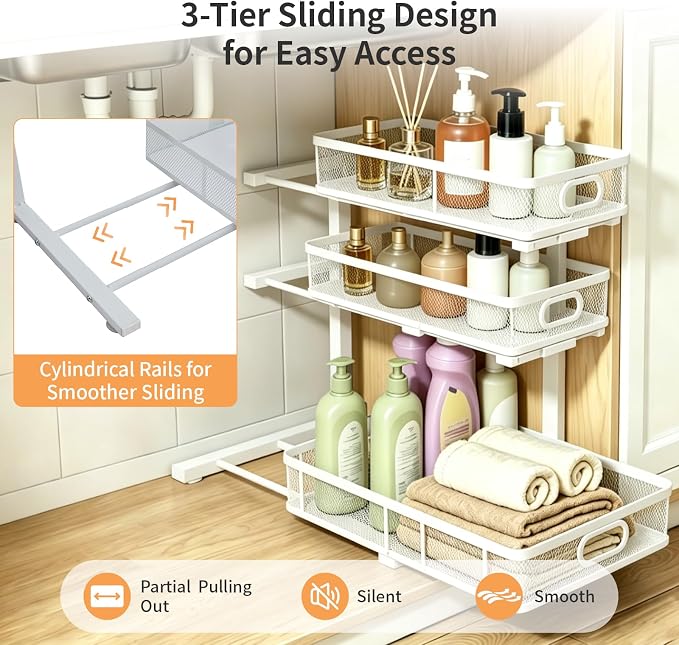 3 Tier Mesh Pull Out Organizer White 2 Pack Sliding Rack | White mesh dual pack organizers for clean modern cabinet storage in bathroom and kitchen daily use organization - Image 5