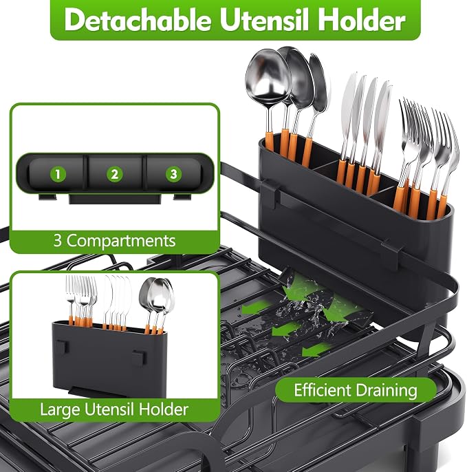 TOOLF Expandable Dish Drying Rack for Kitchen Counter, Black | Stainless Steel Dish Drainer with Drainboard Set & Cutlery Holder, Extendable 13.7“-20.5”L, Rust-Proof, Fits for 1-3 People - Image 7