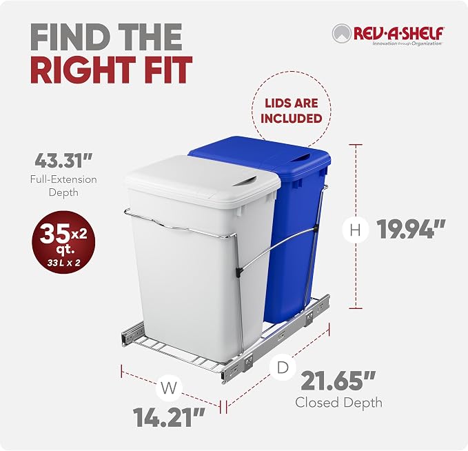 Rev-A-Shelf Double Pullout Garbage Trash Cans for Kitchen Cabinets, 35 Qt | Large Capacity Waste/ Recycling Bins, Heavy Gauge Wire Construction, with Full Extension Slides, Blue/White, RV-18KD-11RC-S - Image 3