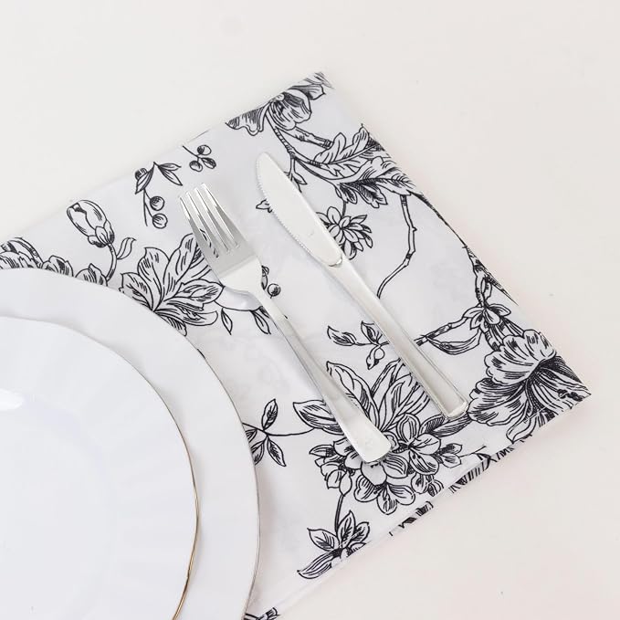 Efavormart Premium 5 Pack Polyester Dinner Napkins 20"x20" White with Black French Toile Pattern - Chic Floral Cloth Napkins by efavormart