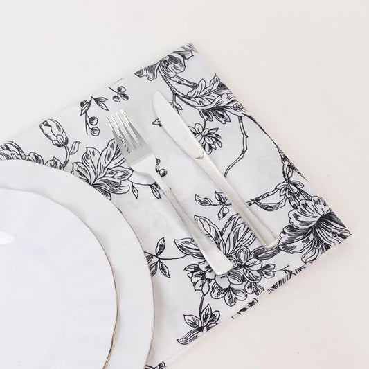 Efavormart Premium 5 Pack Polyester Dinner Napkins 20"x20" White with Black French Toile Pattern - Chic Floral Cloth Napkins by efavormart