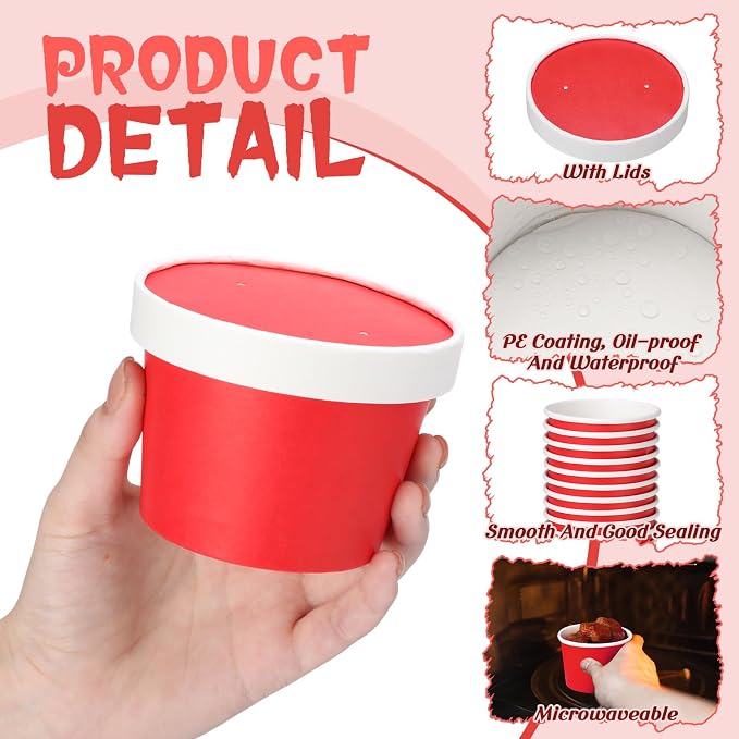 Fulmoon 100 Pack Paper Soup Containers with Lids Disposable Paper Food Containers with Vented Lid Kraft Ice Cream Cake Dessert Cups Soup Bowl for Party Hot Food Fruit Microwave(8 oz,Red) - Image 3