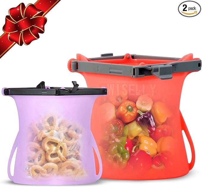 Half Gallon Leakproof Reusable Silicone SnapBags Set Stand-Up Odorless Easy Dry Food Storage Bags (33 Oz Random Color + 68 Oz) Microwavable Freezer and Dishwasher Safe Silicone Food Storage Bags by WISELLYReusableProducts