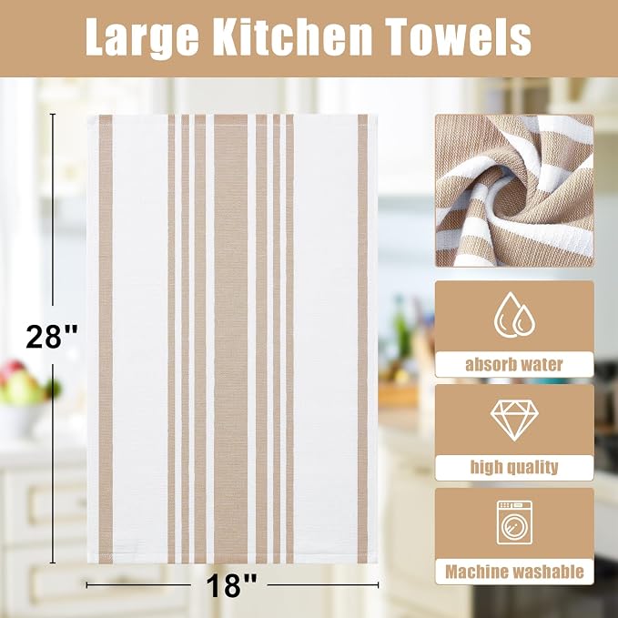 Homaxy Premium Cotton Stripe Kitchen Towels 6 Pack, 18"x 28", Khaki | Large 380 GSM Kitchen Hand Towels, Soft Terry Dish Towels, Highly Absorbent Tea Towel Set with Hanging Loop - Image 8