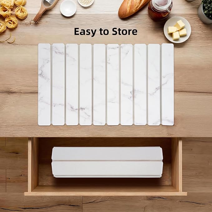 Large Stone Dish Drying Mat for Kitchen Counter, 24"×16" Foldable Quick Drying Mat, Absorbent Diatomaceous Earth Drying Mat for Bottles Cups Dishes, Match Any Countertop (White Marble, 24" x 16") - Image 6