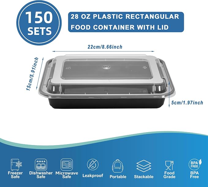28oz Food Storage Containers with Lids,150 Sets Disposable Meal Prep Boxes | Single Serving Meal Prep Boxes,Leak-Proof, Microwave Freezer Safe,Black To-Go Containers For Lunch Portion Control & Catering - Image 2