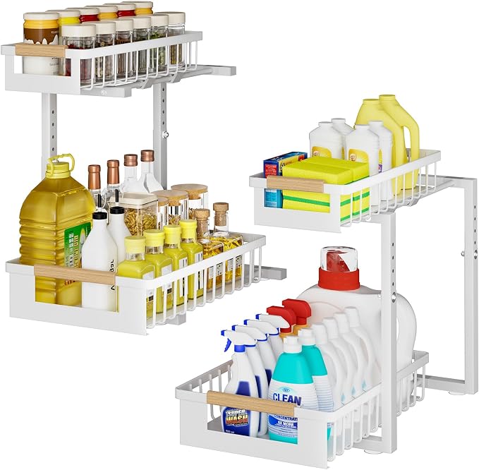 2 Pack Under Sink Organizer, 2 Tier Pull Out Cabinet Organizer with 5-Level Adjustable Height, Sliding Metal Storage Rack for Kitchen Bathroom Pantry, White - Image 8