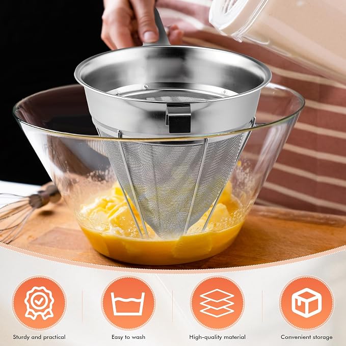Nuogo 2 Set Stainless Steel Chinois Strainer Fine Mesh Metal Food Bouillon Sieve Strainer Cone Fine Mesh Strainer with Handle and Silicone Spatula for Sauce Jam Jelly Tea(10 Inch+8 Inch) - Image 4