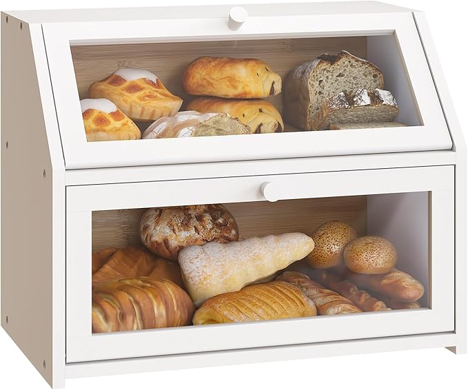 BMOSU Farmhouse Bread Box for Kitchen Countertop Bread box Double Layer Bamboo Wooden Extra Large Capacity Bin Kitchen Food Storage Container(White) by BMOSU
