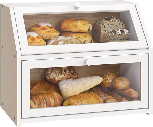BMOSU Farmhouse Bread Box for Kitchen Countertop Bread box Double Layer Bamboo Wooden Extra Large Capacity Bin Kitchen Food Storage Container(White) by BMOSU
