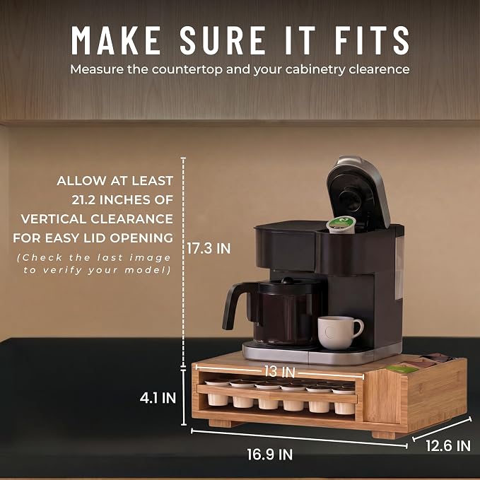 Bamboo Keurig Pod Organizer, Large 36 K-Cup Capacity Aesthetic Under Machine K-Cup Storage Drawer, Space-Saving Keurig Stand With Storage, 3 Slots For Tea & Spoons, Fits Keurig Brewers - Image 7