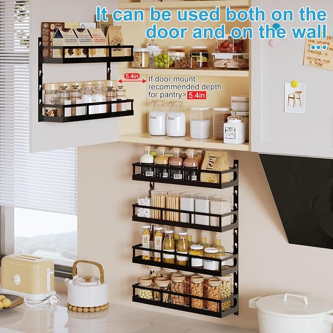 X-cosrack 6-Tier Wall-Mounted Spice Rack Organizer with Mixed Basket Sizes, Height-Adjustable Hanging Spice Shelf for Kitchen Pantry Cabinet, Large-Capacity Seasoning Holder, Black - Image 3
