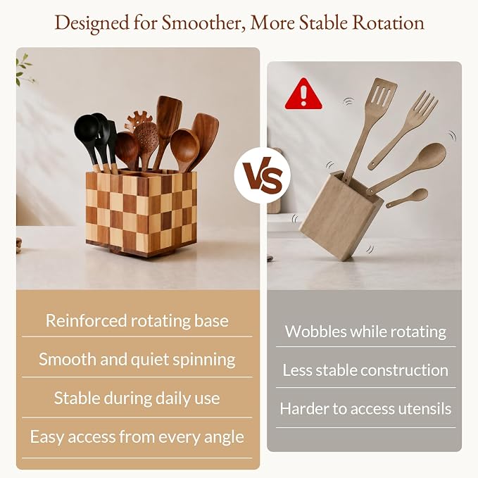 Rotating Square Wooden Utensil Holder – 7.3” Square Acacia Wood Kitchen Utensil Organizer with Checkered Design, Large Countertop Crock for Spatulas, Spoons & Cooking Tools, Farmhouse Kitchen Decor - Image 6