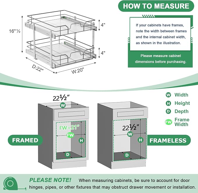 2-Tier Pull Out Cabinet Organizer (20" W x 22" D) | Soft Close Cabinet Slide Out Shelves, Heavy Duty Slide Out Drawers with Shelf Liner for Kitchen Cabinets, Pantry, Bathroom - Image 3