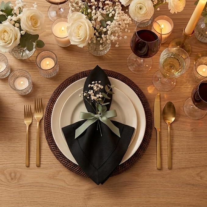 Signature Linen™ by D'Moksha Black Dinner Napkins Set of 4, 20 x 20 Inch Cloth Napkins, 100% Pure Linen, Hemstitch, Machine Washable Table Napkins- Summer, Weddings, Outdoor hostings - Image 2