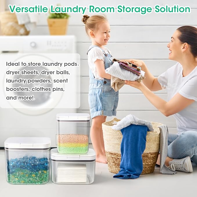 2 Pack Laundry Pods Container with One-Click Pop-up Lid 95 oz + 68 oz | Laundry Room Detergent Storage Containers for Laundry Powder, Scent Booster, Dryer Sheet, Dryer Ball, Dishwasher Pod Holder - Image 4