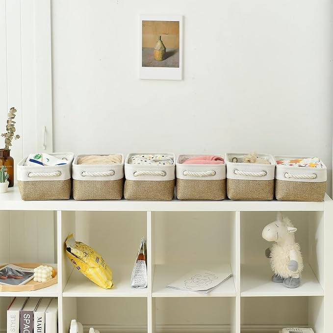 Storage Basket for Organizing - 1 Pack 12x8x5.2 inch Baskets for Gifts Empty with Handles, Fabric Storage Cubes for Organizer Closet Dog Gift Cloth Toy (Whiet & Khaki) - Image 2