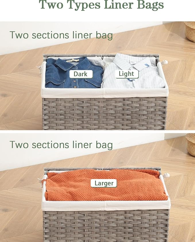 SETVSON Storage Basket with Lid Wicker Baskets for Storage, 160L Gray | Dual Lid Jumbo Blanket Storage Trunk, Divided Clothes Organizer, 2 Washable Liner Bags, Collapsible PE Rattan Bin - Image 5