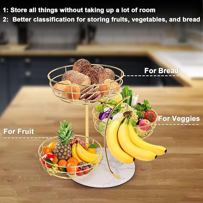 Livabber Fruit Basket Bowl with Banana Hanger, Metal Fruit Vegetable Storage Basket with Banana Holder for Kitchen Counter, Detachable Organizer for Bread Snack Produce (Gold, 3-Tier Marble Base) - Image 4
