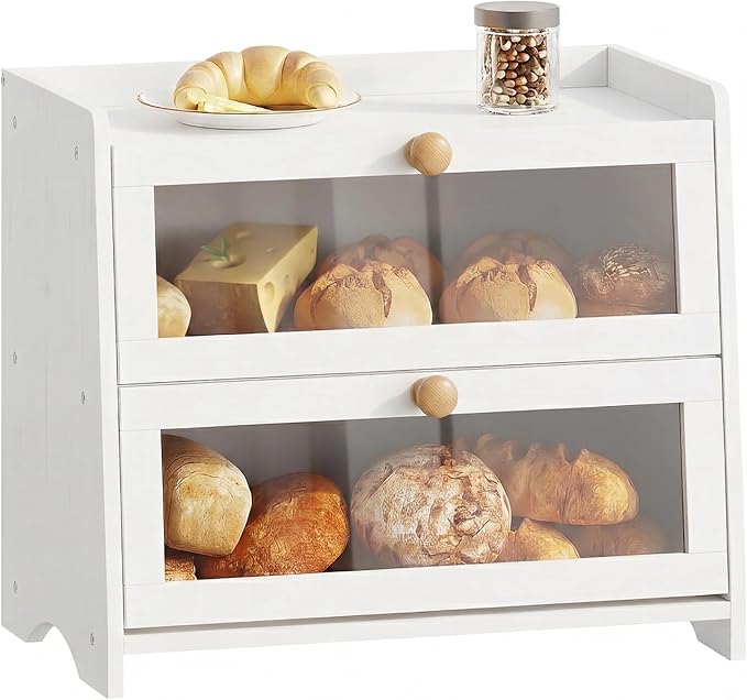 BAMBANG Bread Box for Kitchen Countertop, Extra Large Bamboo Bread Storage Container for Homemade Bread, Double Layer Sourdough Breadox, Bread Bin Organizer for Counter Cabinet Pantry, White by BAMBANG