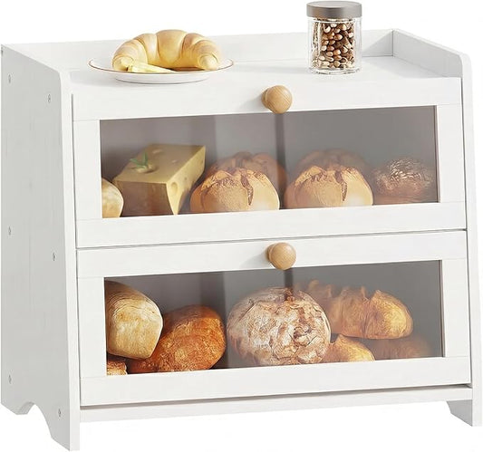 BAMBANG Bread Box for Kitchen Countertop, Extra Large Bamboo Bread Storage Container for Homemade Bread, Double Layer Sourdough Breadox, Bread Bin Organizer for Counter Cabinet Pantry, White by BAMBANG