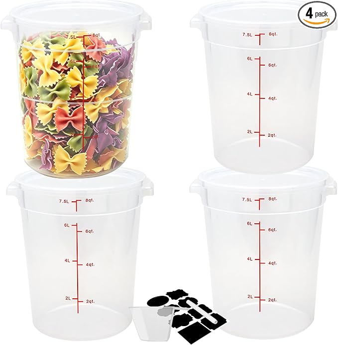 BIEAMA 4 Pack 8 Qt Round Food Storage Containers with Lids, Translucent PP | Include lids, labels, measuring cups and containers with capacity markings for food prep, pantry storage and dough proofing. by BIEAMA