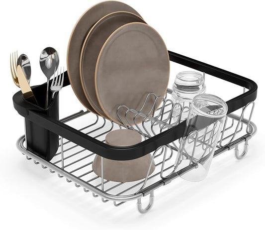 Umbra Sinkin Dish Drying Rack, in Sink or on Counter Drainer, Black/Nickel | Durable steel wire frame, rubber coated feet, low profile design, plastic base by Umbra