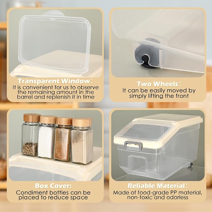 4 Pcs Rice Storage Containers Bulk Flour Sugar Container Wheels Measuring Cups Set Airtight Pet Dog Cat Birds Food Bin Grain Cereal Organizer Box for Dry Baking(Beige,22 lb) - Image 3