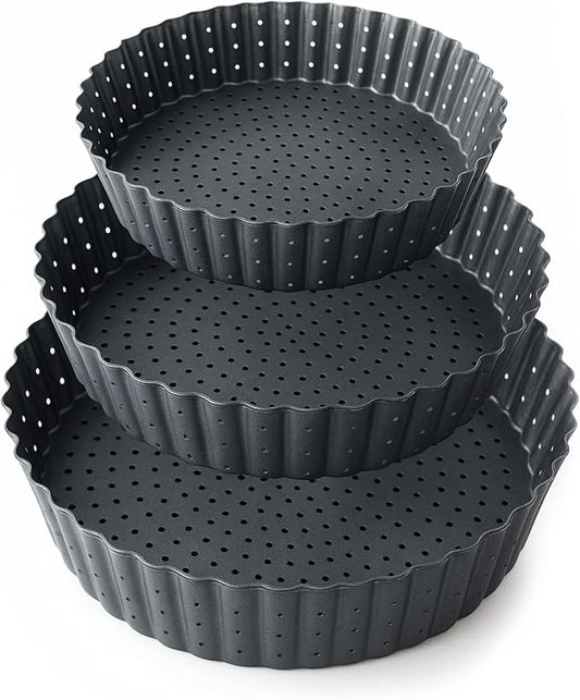 Set of 3 Deep Dish Pie Pan with Removable Bottom - Fluted Carbon Steel Tart Pan for Quiche Lorraine & Pies - Crispy Crust Baking Dish for Home Bakers - 7.87, 9.44 and 11 inches by Space+Home