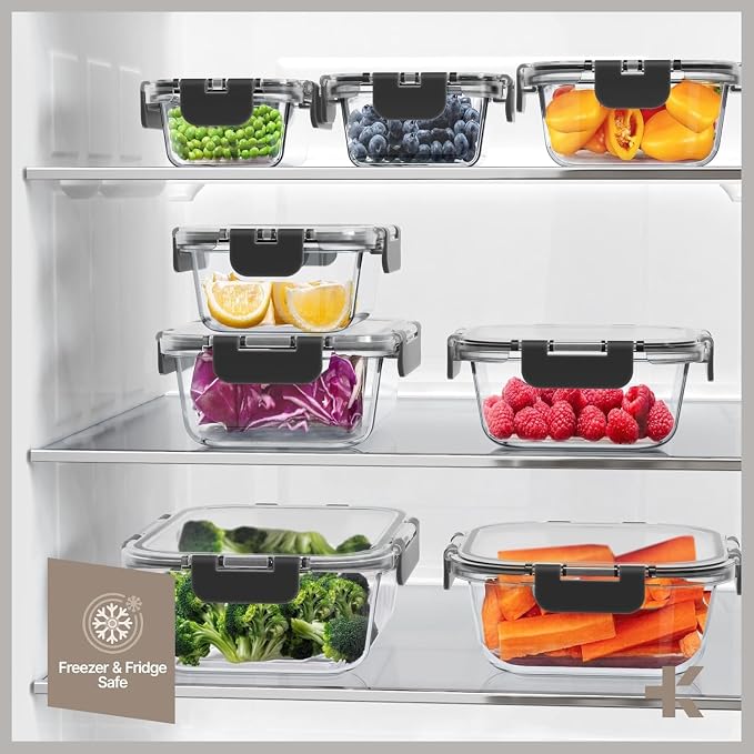 Bakken Borosilicate Glass Food Storage Containers with Lids 24 Pieces, BPA-Free Stackable Lunch & Leftover Containers, Microwave, Freezer & Dishwasher Safe, 100% Airtight Leak-Proof, Black - Image 10