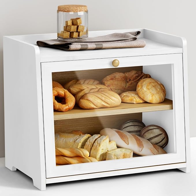 Goozii White Double Layer Bread Box for Kitchen Countertop, 2 Tier Counter Breadbox for Homemade Bread, Large Bread Storage Container Holder Keeper for Sourdough Loaf Storage (Bamboo Wood) by Goozii