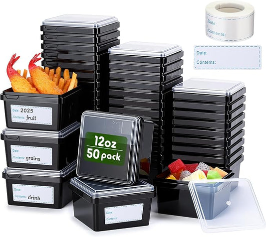 12 oz 50 Pack Small Square Deli Containers with Lids Plastic Freezer Food Reusable Meal Dessert Ice Cream Containers with Labels for Takeout Meal Storage Microwave Freezer Safe(Black) by Blushtier