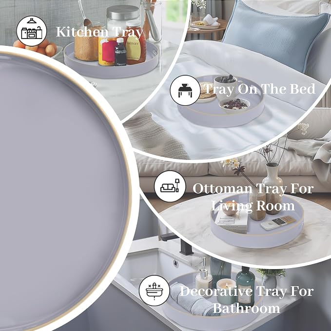 13" Gray Decorative Tray, Plastic Round Serving Tray with Handles | Grey Decorative Tray for Coffee Table, Modern Ottoman Tray, Circle Tea Tray, Round Melamine Tray for Living Room, Bathroom - Image 7