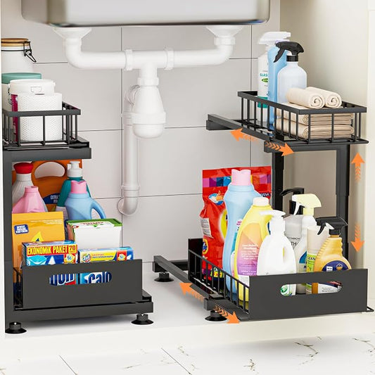 Under Sink Organizer, Heavy Duty Metal Pull Out Cabinet Organizer Slide Out Sink Shelf Organizer Height Adjustable, Multi-Purpose Storage Shelf for Kitchen Bathroom(Black,2Pack) by Toyear