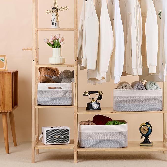 MiniArk Large Storage Baskets for Organizing, 17 x 13 x 7.5” Closet Shelf Baskets for Clothes Blanket Towels, Baby Nursery, Toy Bins Box, Woven Rope Baskets, 4 Packs Gradient Grey - Image 3