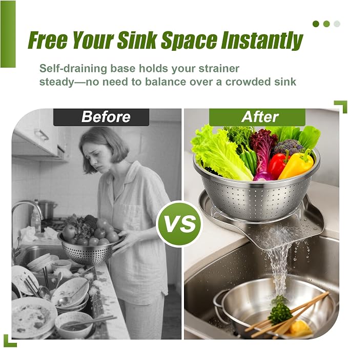 Palksky Stainless Steel Colander Set with Self-Draining Base, 3 Sizes Colanders & Food Strainers for Pasta, Rice, Fruits & Veggies, Metal Colander with Draining Plate for Sink or Countertop - Image 2