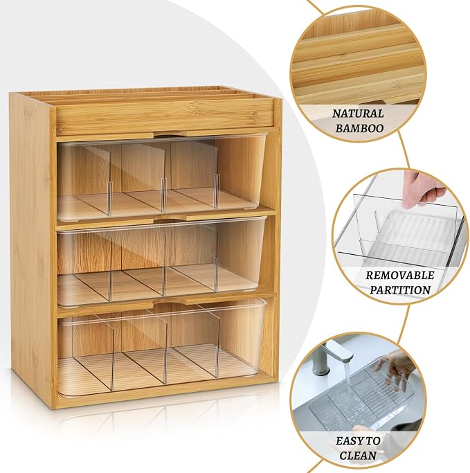 TIMIEEYA Tea Bag Organizer - Bamboo Tea Storage With Drawer 3 Layer, Organizer for Tea Bags Natural Wood & Acrylic for Countertop Office Kitchen Cabinet Pantry - Image 2
