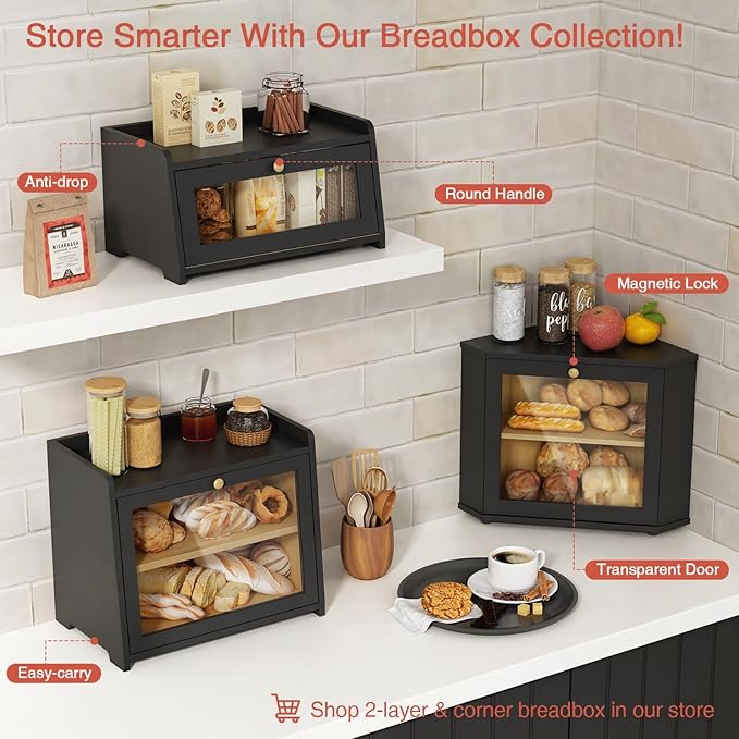 Goozii Black Bread Box for Kitchen Countertop, Small Vintage Counter Top Breadbox, Homemade Bread Storage Container for Sourdough Loaf, Farmhouse Wooden Corner Kitchen Counter Organizer for Cabinet - Image 5