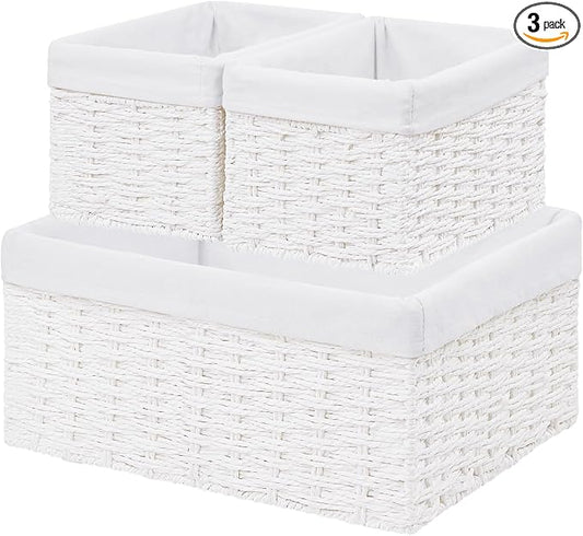 Wicker Basket, Set of 3 Hand-woven Storage Baskets for Organizing, Decorative Rectangle Wicker Storage Basket Bins with Handles, Small Toilet Paper Storage Baskets for Shelves & Decor, White by Vagusicc