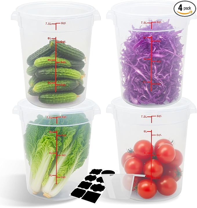 4 Pack 8QT Round Food Storage Containers with Lids | NSF, BPA-free PP containers with scale, label and measuring cup, stackable for prep, storage, freezer. Dishwasher safe by STEELUS